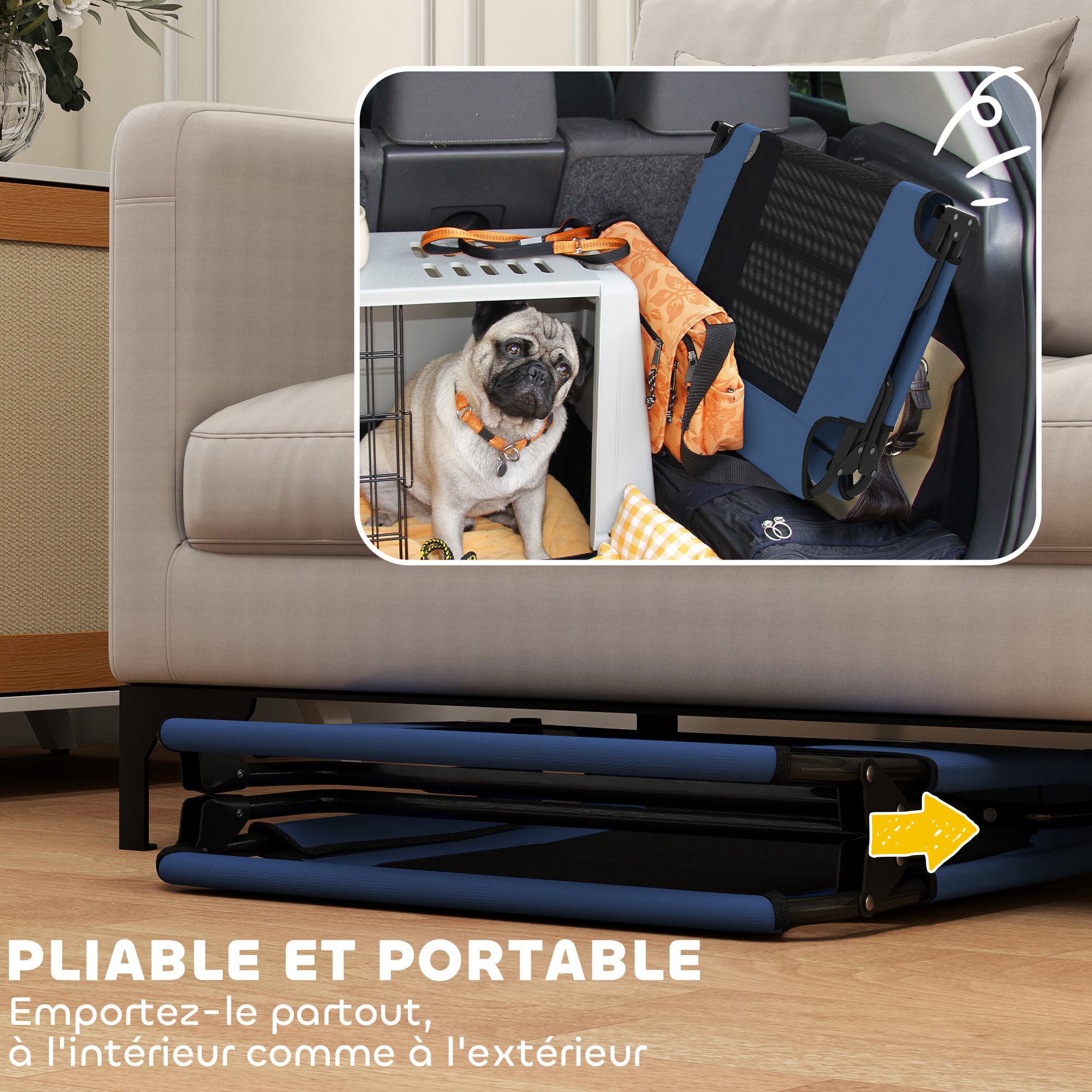 Transat pour animaux pliable - lit pour chien - lit à pieds pour chien dim. 107 x 61 x 20 cm - bleu