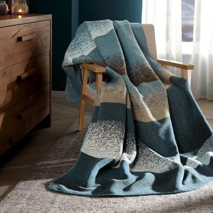 Plaid coton mélangé 415 g/m² motif jacquard bleu beige Sea waves bleu