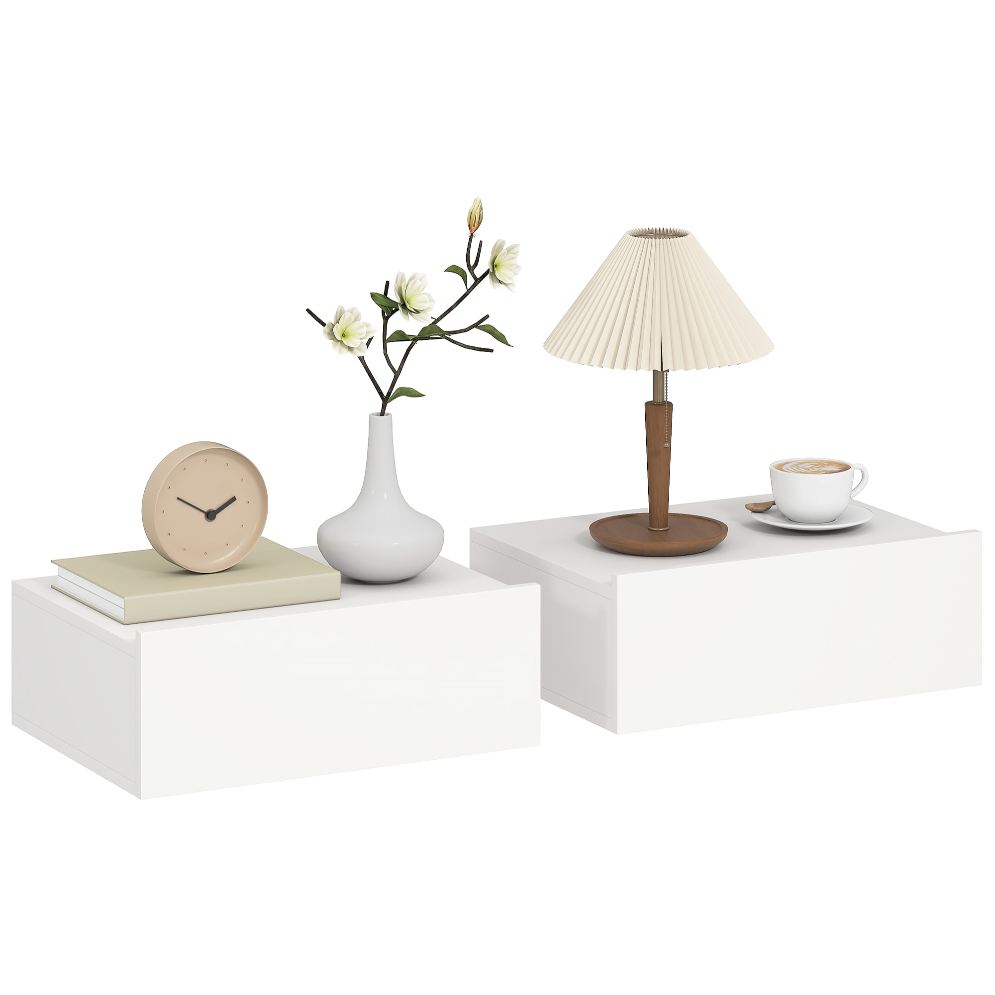 Set de 2 Mesillas de Noche de Pared, Mesitas de Noche Flotantes con 1 Cajón, Mesas Auxiliares para Dormitorio, Habitación Hogar, Diseño Sencillo, 40x30x15 cm, Blanco