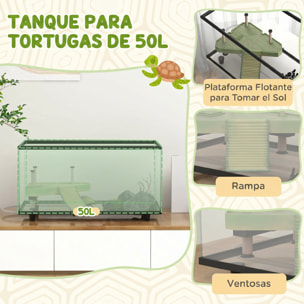 PawHut Acuario para Tortugas 50L, Terrario de Tortugas Pequeñas con Plataforma, Rampa, Drenaje Fácil y Termómetro Adhesivo, 60x30x32 cm, Transparente