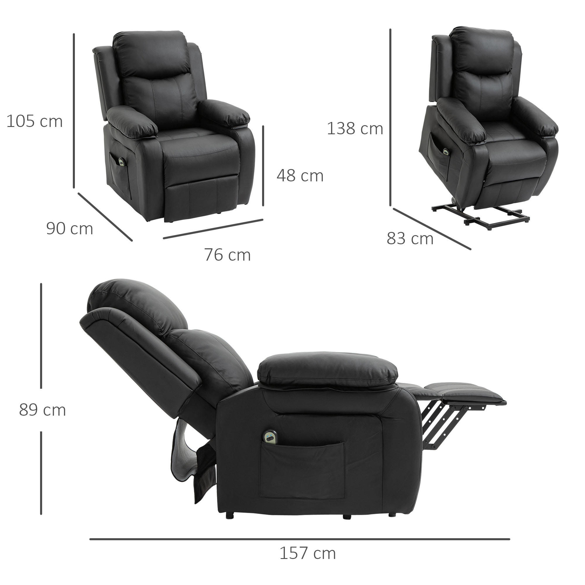 Fauteuil de relaxation électrique fauteuil releveur inclinable repose-pied ajustable revêtement synthétique noir