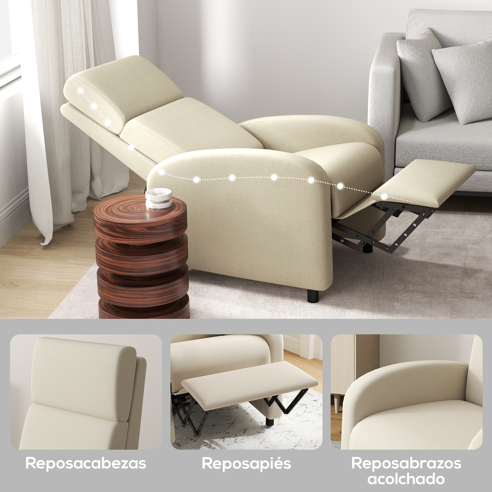 Sillón Relax Reclinable Manual Sillón Relax Tapizado en Lino Sintético con Reposapiés Respaldo Alto Carga 120 kg Butaca Reclinable para Dormitorio Oficina Crema