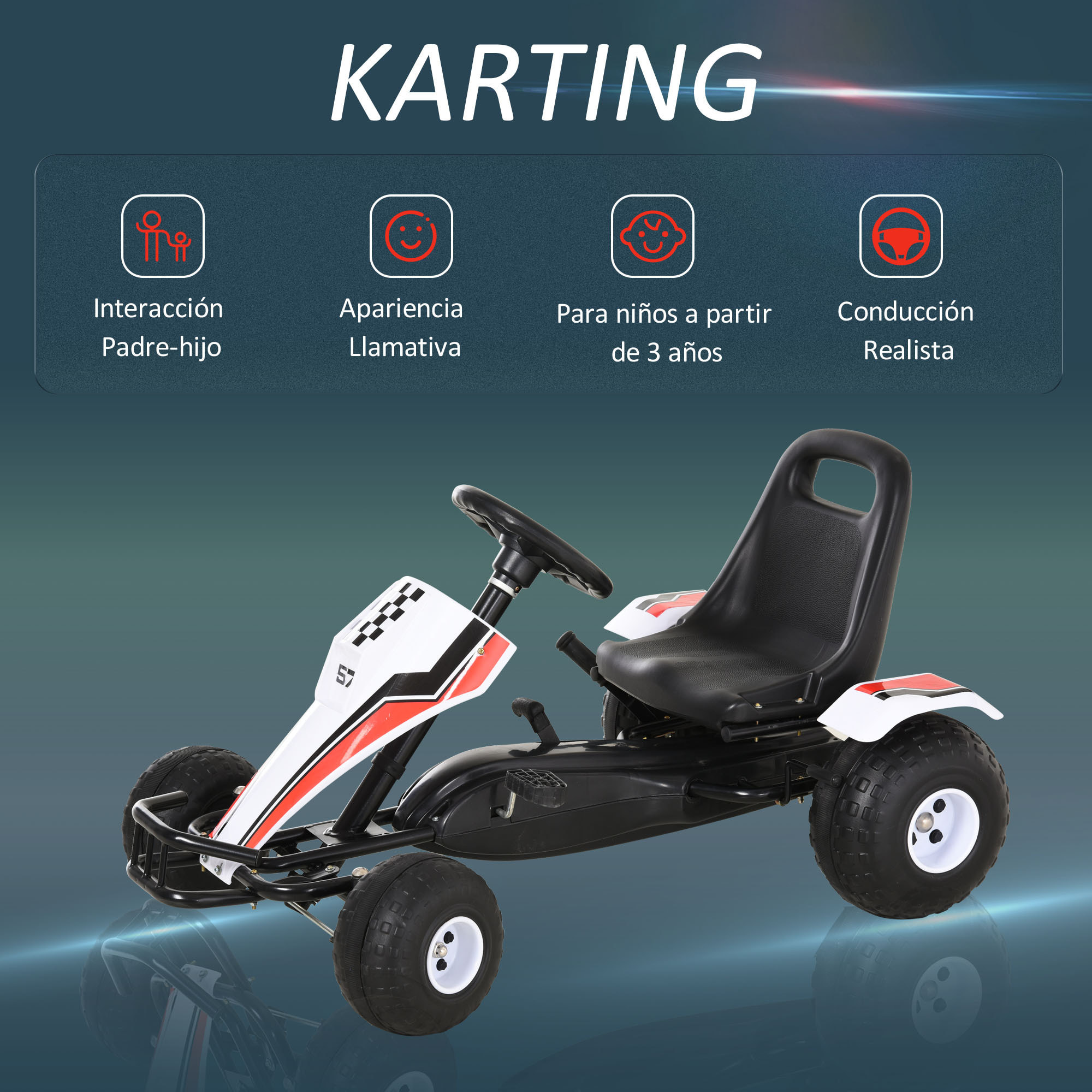 Go Kart a Pedales para Niños de +3 Años Coche de Pedales Infantil con Asiento Ajustable y Freno de Mano 104x66x57 cm Blanco y Negro