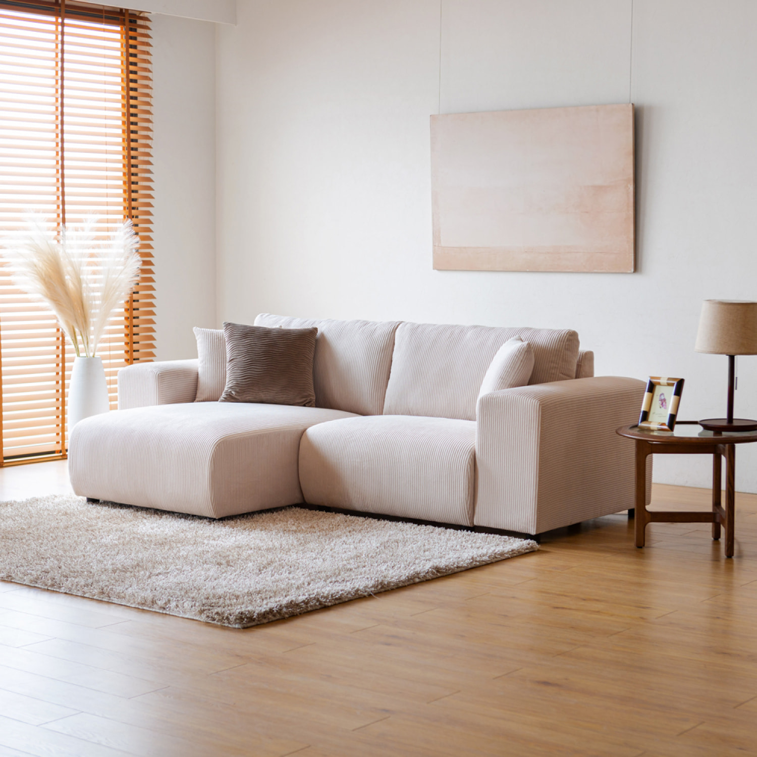 JAMBI Canapé d'angle modulable 3 places en velours côtelé beige