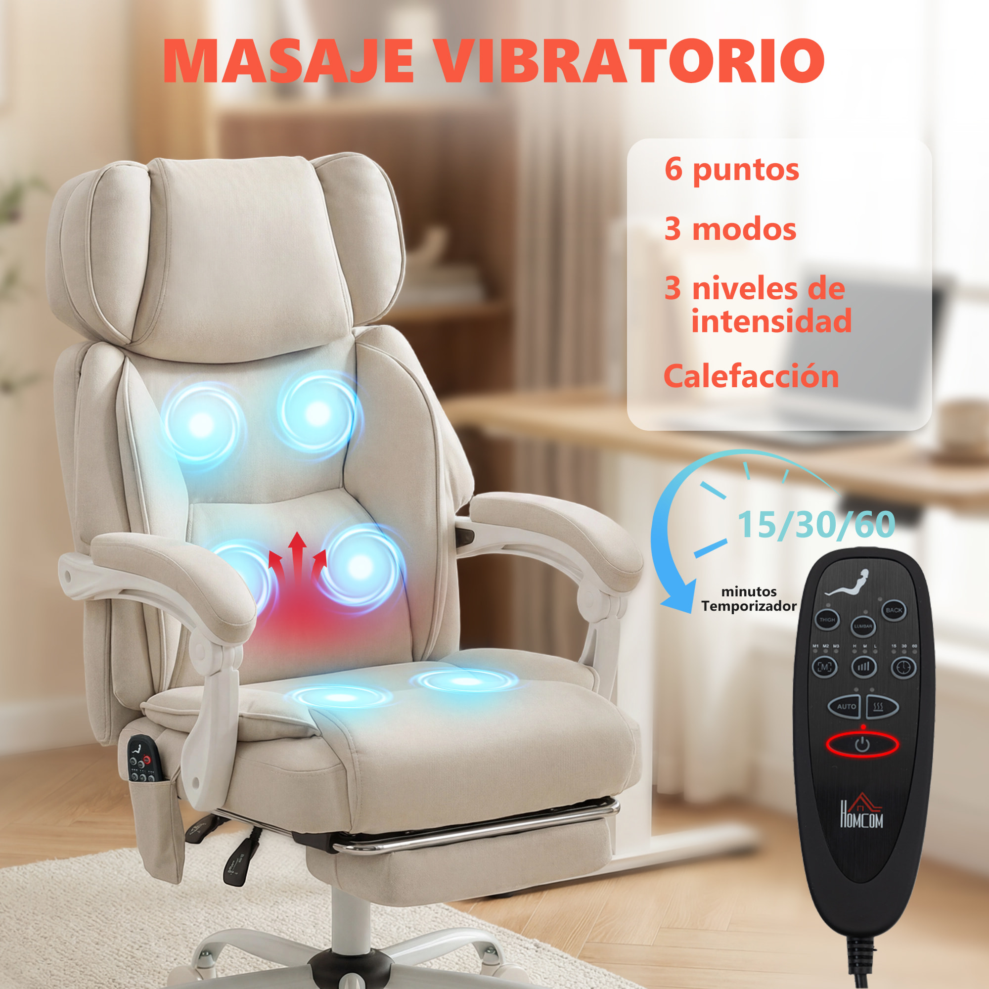Silla de Oficina con Masaje Vibratorio de 6 Puntos y Calor Lumbar, Silla de Escritorio Reclinable con Reposacabezas Ajustable, Respaldo Alto, Altura Ajustable, Reposapiés, Crema