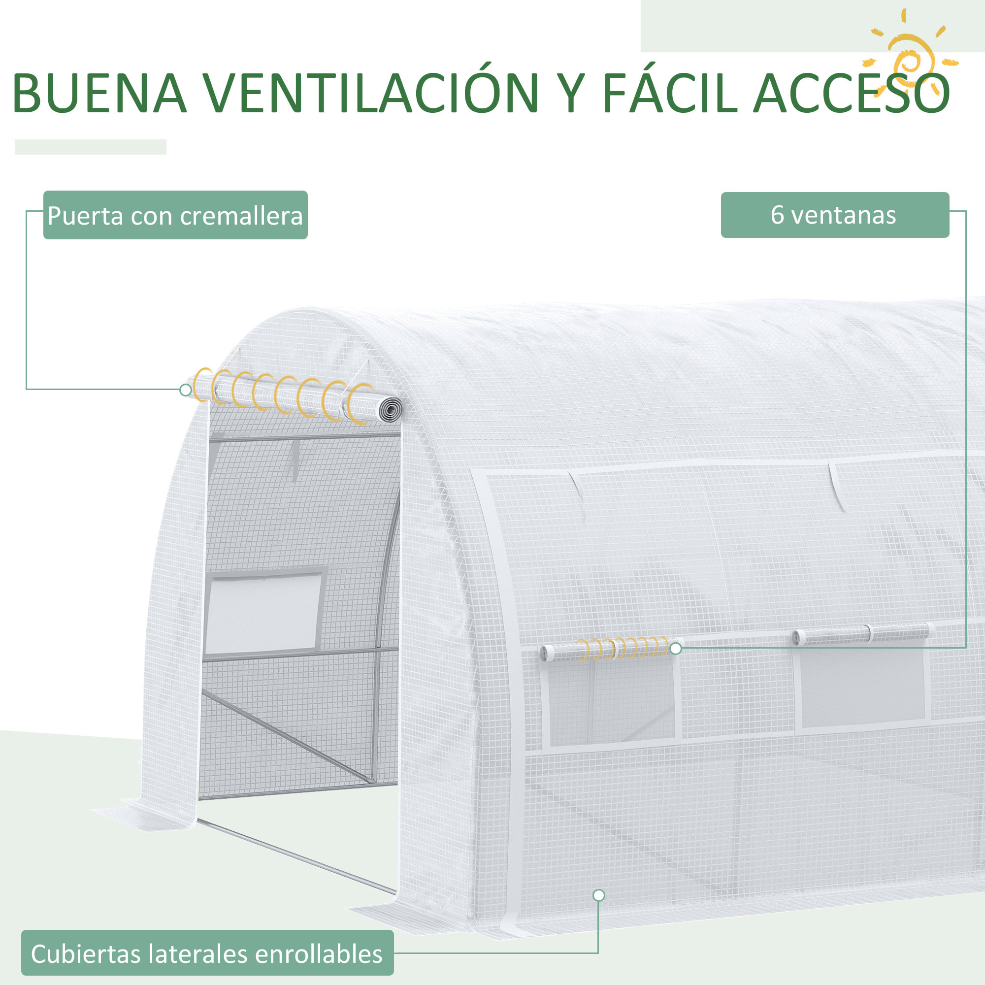 Invernadero de Túnel Jardín 3x3x2 m con Puerta y 6 Ventanas Enrollables Blanco