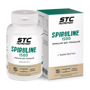 STC NUTRITION - Spiruline 1500 - Complément Alimentaire à Base de Spiruline 100% Française - Qualité Ultra-Pure - Riche en Protéines - Teneur Garantie en Phycocyanines et Chlorophylle - 90 Gélules
