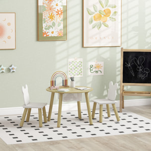 Ensemble table chaises enfant design ourson scandinave - rangement table intégré - aspect bois blanc