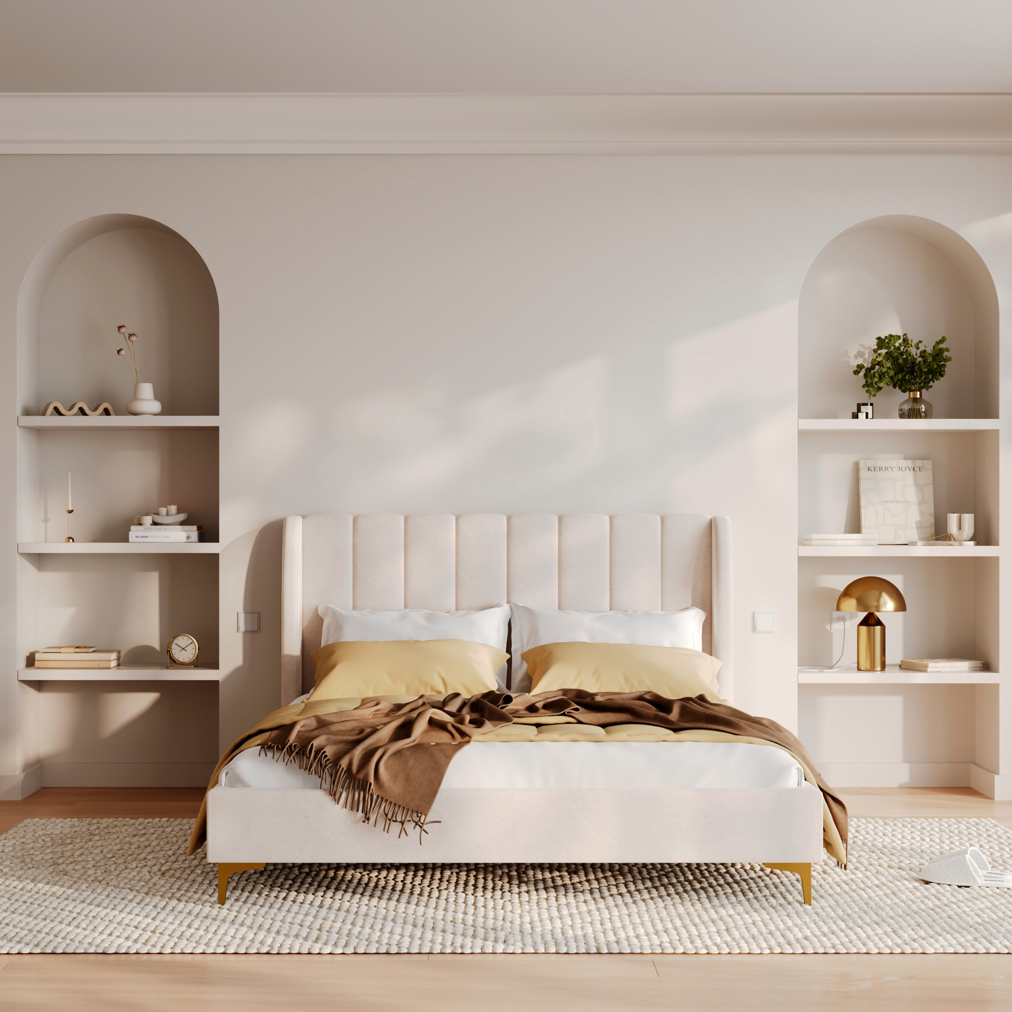 Lit double 160x200 cm en tissu beige et pieds doré - Koda