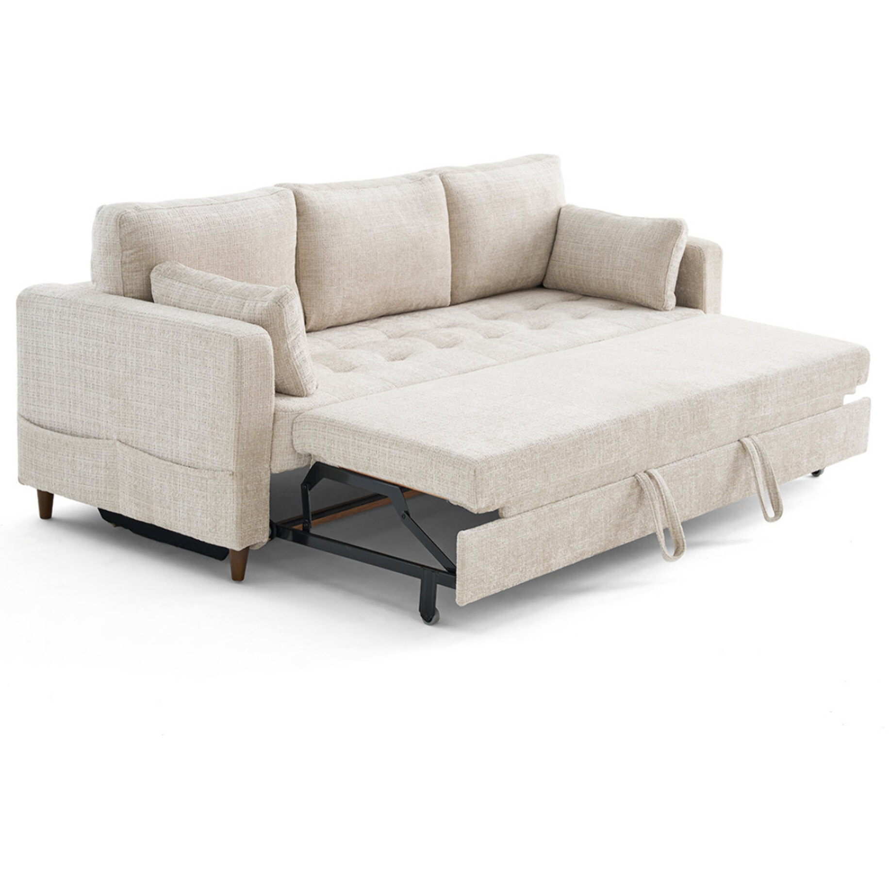 Anna - canapé droit 3 places convertible avec poche en velours texturé - Beige