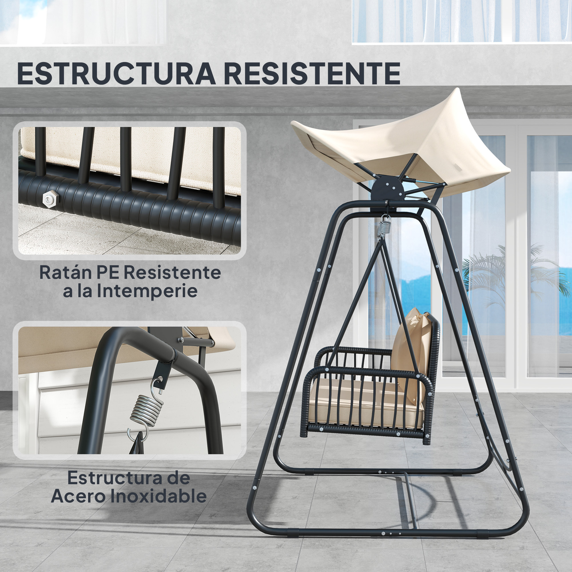 Columpio de Jardín de 2 Plazas Balancín de Jardín Exterior con Toldo Retráctil Cojines y Estructura de Acero con Ratán PE Anti-UV para Balcón Terraza Patio Carga 240 kg 149x121x180 cm Caqui