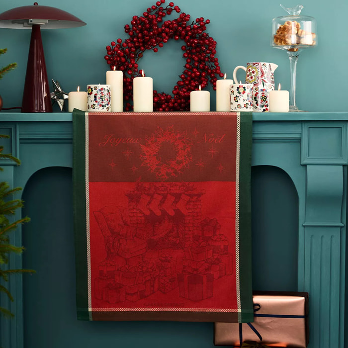 Torchon pur coton motif jacquard vert rouge Les cadeaux de noel houx
