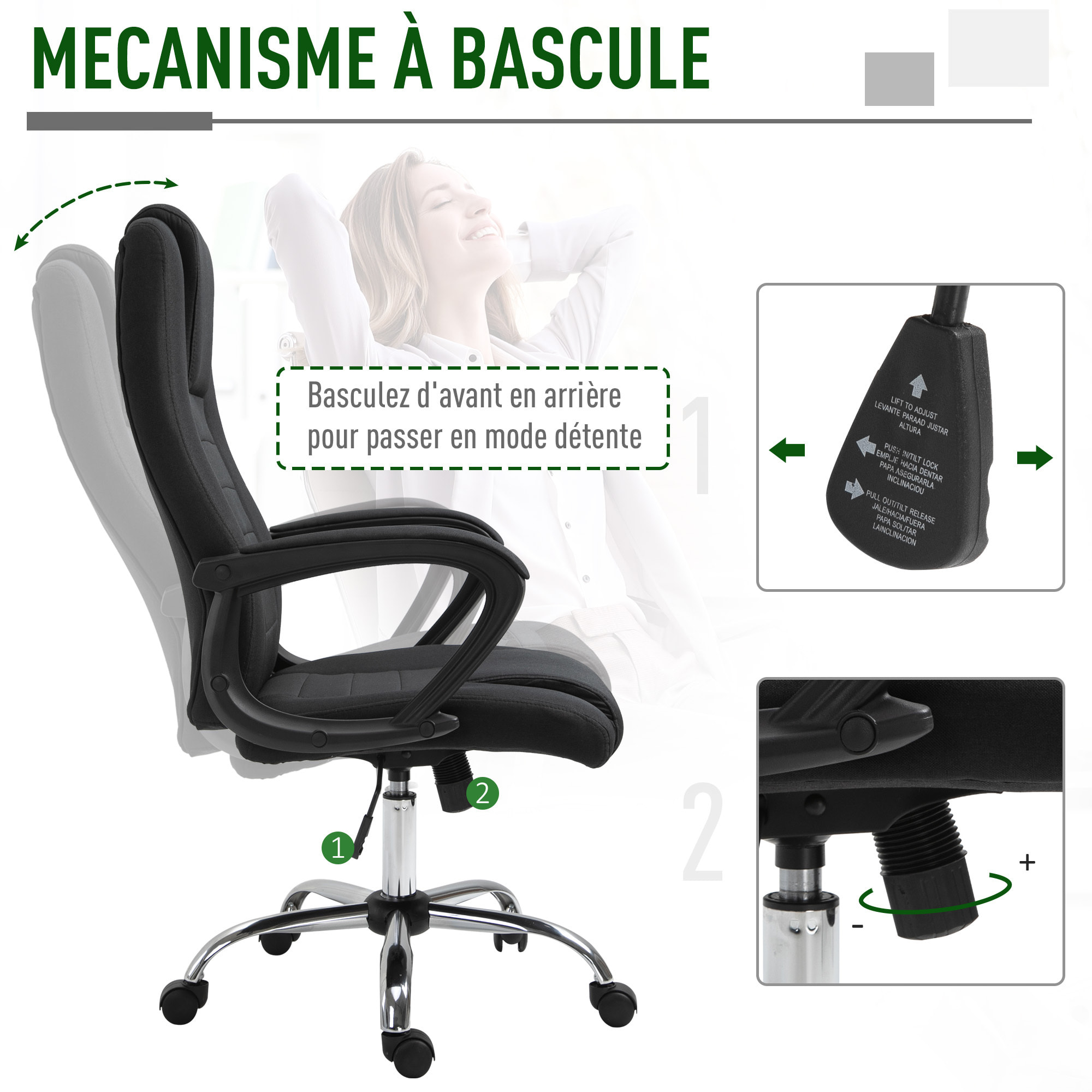 HOMCOM Fauteuil de bureau à roulettes chaise manager ergonomique pivotante hauteur réglable lin noir