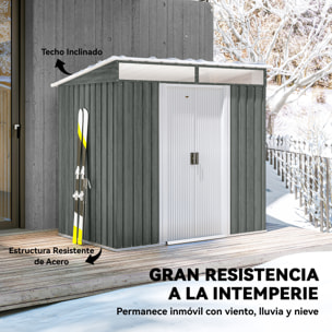 Caseta de Jardín Exterior 2 m² 195x122x181,5 cm Cobertizo de Jardín Exterior Metálica con Base SIN SUELO 2 Puertas Correderas Ventanas y Ganchos para Herramientas Gris Claro