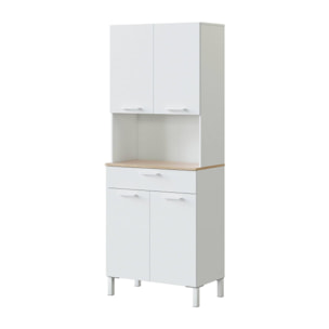 Armadio multiuso Chandler, Mobile ausiliario da cucina, Credenza a 4 ante e 1 cassetto con ripiani, Armadio aperto, cm 72x40h186, Bianco e Rovere