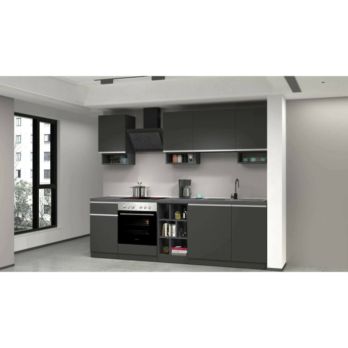 Cucina completa Attimis, Set con dispensa, Mobile per cucinotto, Kit blocco lineare, 100% Made in Italy, 255x60h85 cm, Antracite e Ardesia