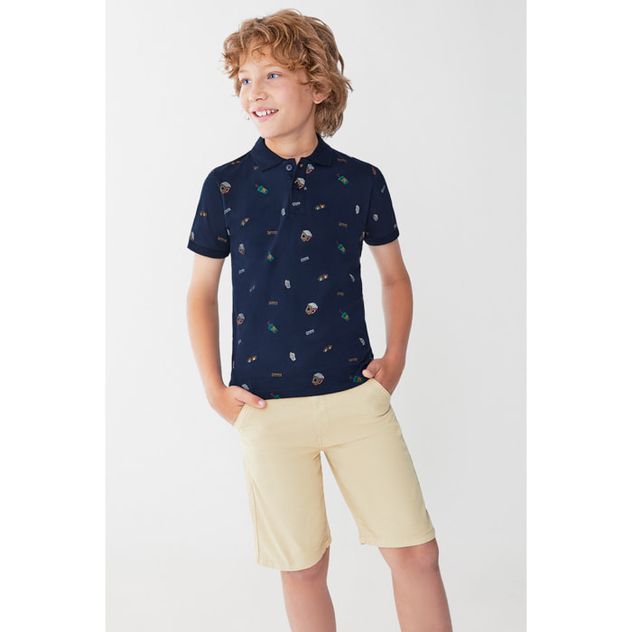 Polo de Niño de Manga Corta Estampado con Motivos Diversos, Color Marino, 100% Algodón | Color: Marino | Street Monkey