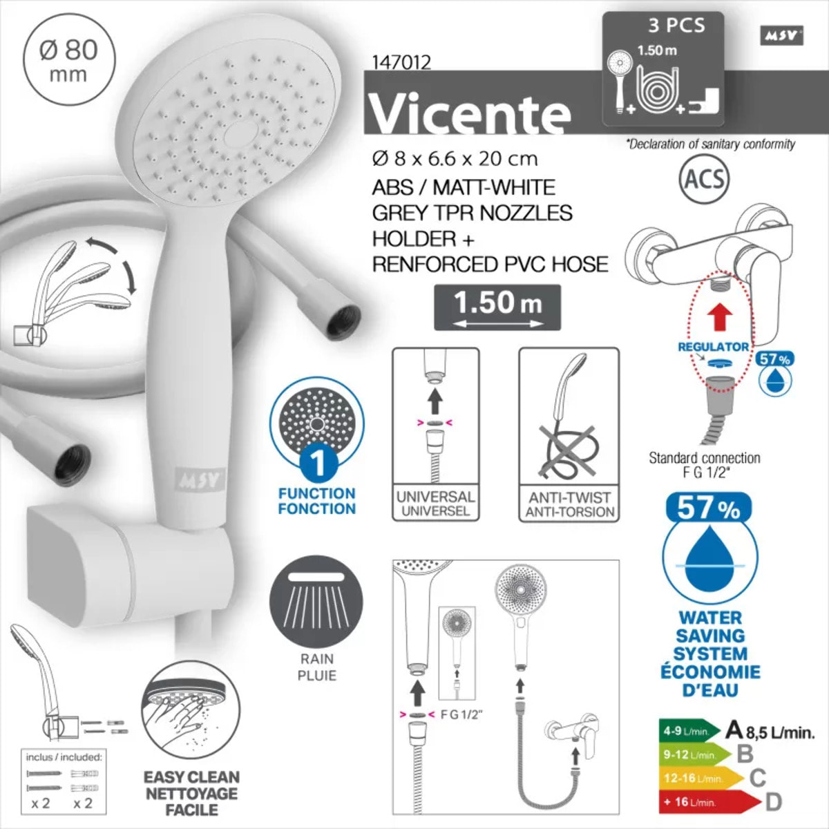 Pommeau de douche Vicente Blanc matt Ø 80 mm avec support mural et flexible 150 cm