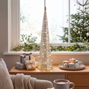 Árbol de navidad cónico led plateado con 60 microled blanco cálido, con temporizador ø20x80 cm