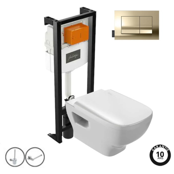 Pack WC suspendu sans bride Struktura+ bâti-support + plaque Or Beige + accessoires