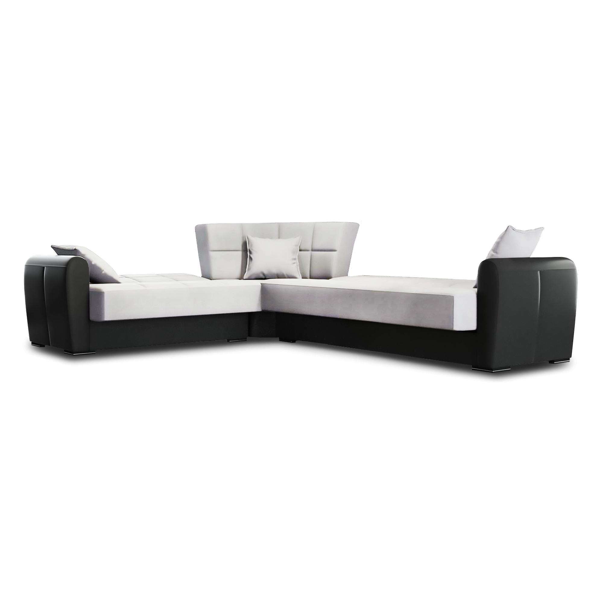 Divano letto Matias, Divano letto contenitore ad angolo in ecopelle e tessuto, Sofà da soggiorno con apertura click-clack e penisola reversibile, 305x238h91 cm, Nero e Grigio Chiaro