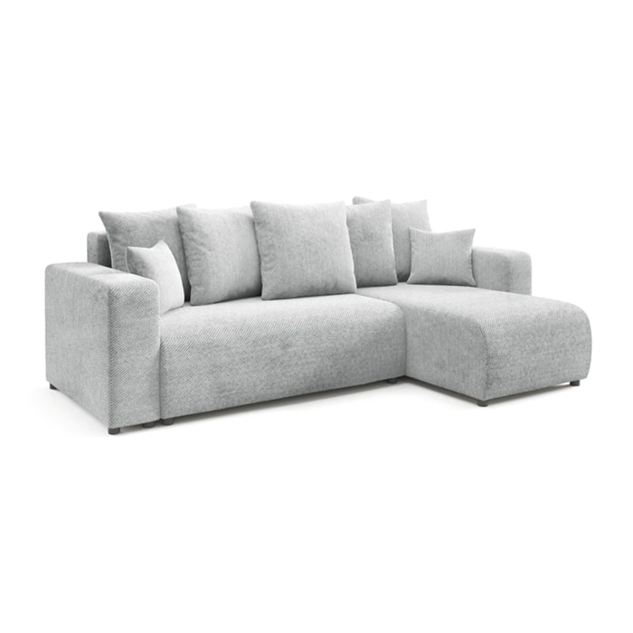 GLORIA - Canapé d'angle droit convertible 4 places en tissu gris clair