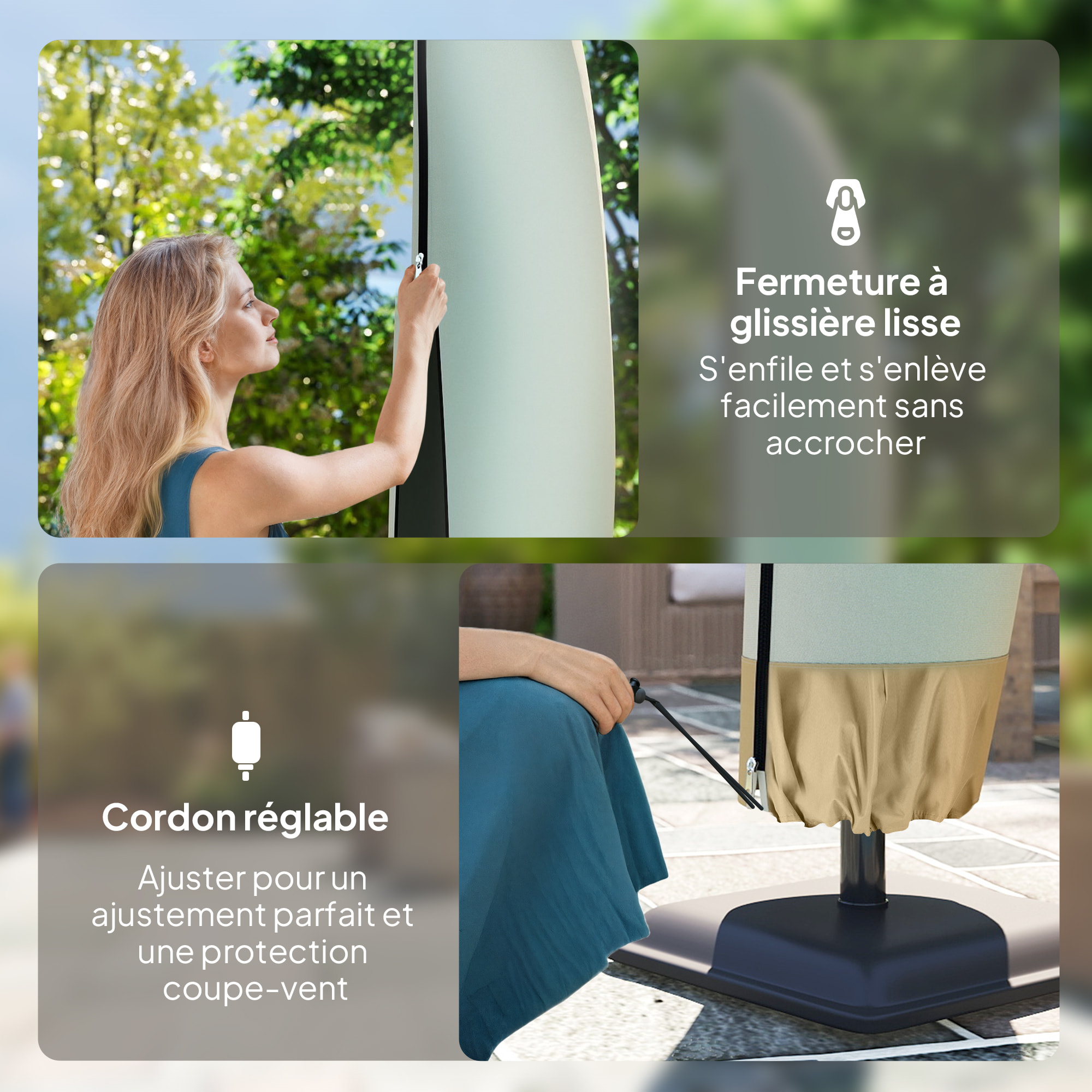 Housse de protection imperméable pour parasol droit avec fermeture éclair et cordon de serrage polyester PVC haute densité beige