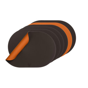 Set de table ovale réversible - 6 pièces - Cuir recyclé orange et chocolat
