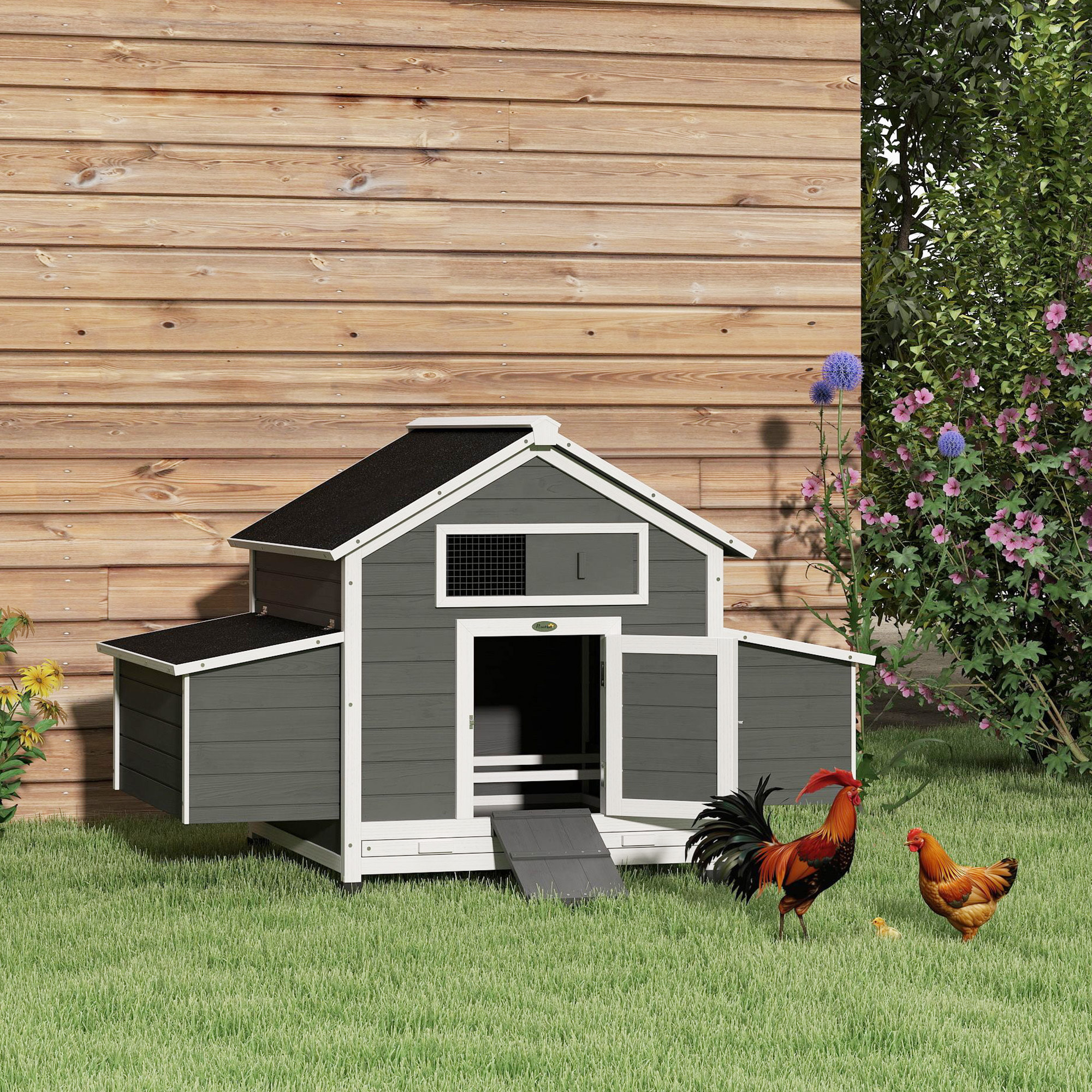 Gallinero para Exterior Gallinero de Madera para 2-4 Gallinas con 2 Nidos Bandeja Extraíble Techo Abatible 150x100x96,5 cm Gris y Blanco