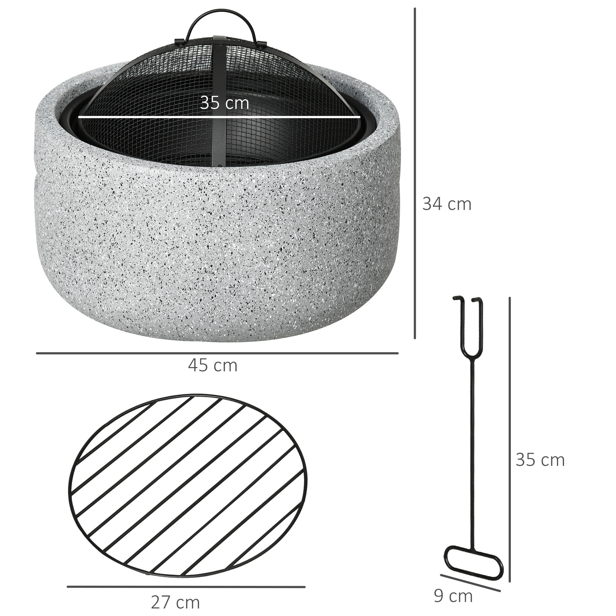 Brasero Exterior Redondo Brasero Exterior Jardín con Atizador Protector de Chispas Rejilla y Manija Ø45x34 cm para Terraza Camping Fiesta Gris