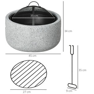 Brasero Exterior Redondo Brasero Exterior Jardín con Atizador Protector de Chispas Rejilla y Manija Ø45x34 cm para Terraza Camping Fiesta Gris