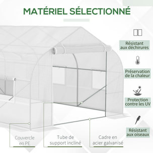 Serre tunnel grande taille 17,85 m² châssis tubulaire acier galvanisé renforcé 2,4 cm 8 fenêtres 1 porte blanc