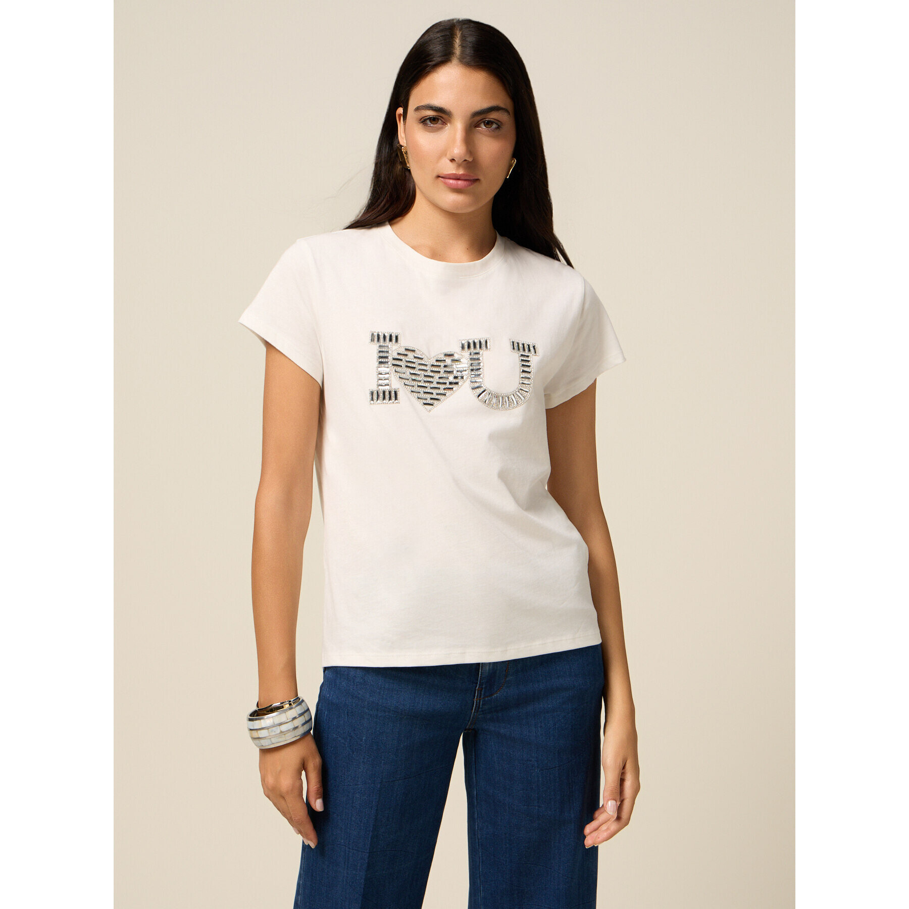 Oltre - Camiseta de punto jersey con aplicación de joya - Blanco