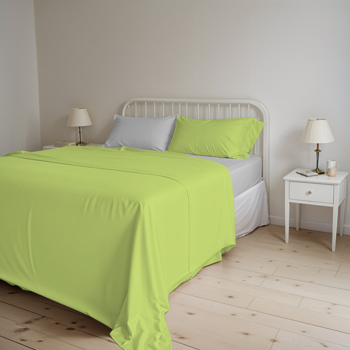 COMPLETO LETTO NATURAL COLOR, 100% Cotone, Made in Italy - VERDE ACIDO/GRIGIO CHIARO