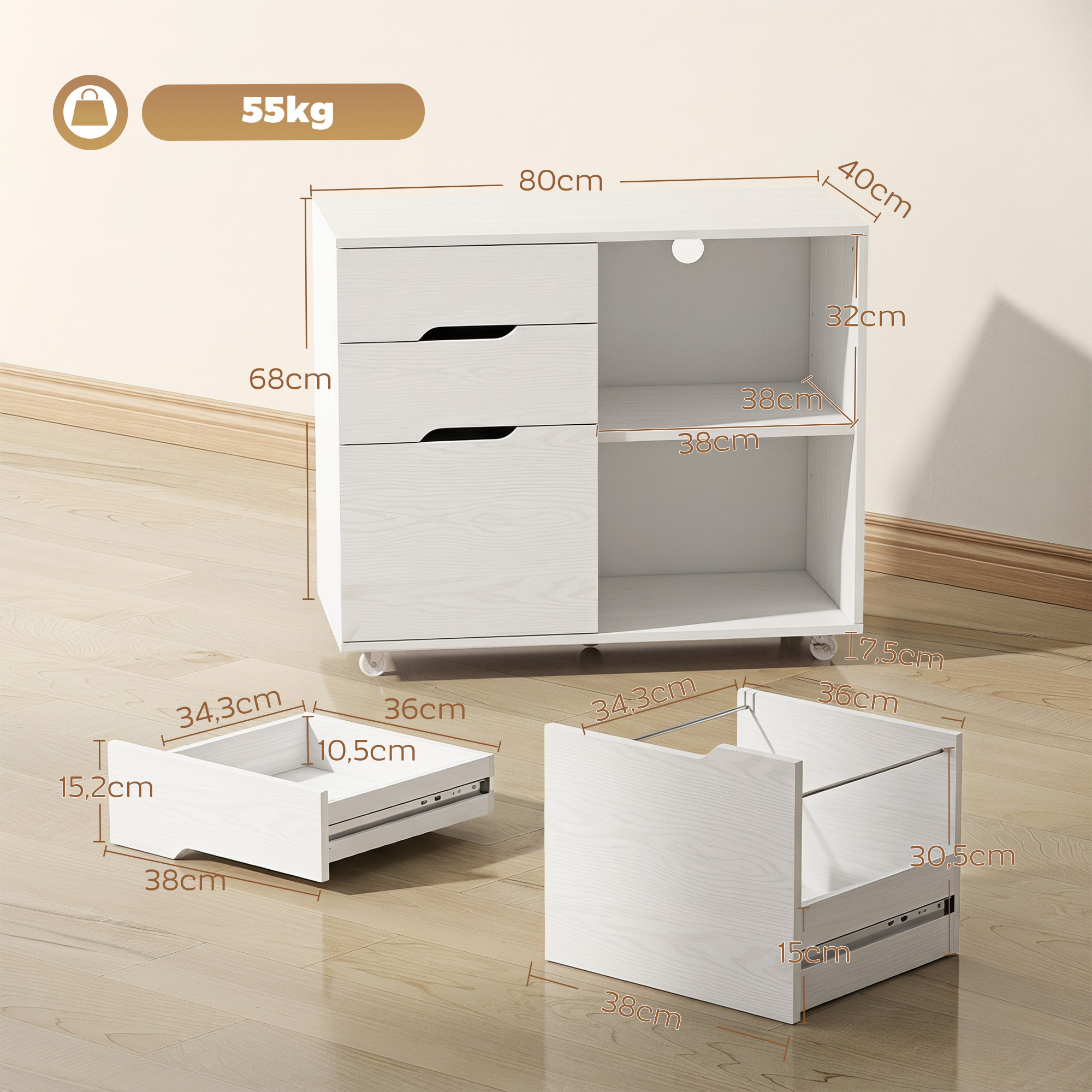 Mueble para Impresora con Ruedas, Mesa para Impresora con 3 Cajones, Barra Ajustable, 2 Estantes Abiertos y Asas, para Documentos Tamaño A4, Carta, Archivador Móvil para Oficina en Casa, Blanco