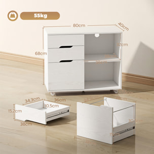 Mueble para Impresora con Ruedas, Mesa para Impresora con 3 Cajones, Barra Ajustable, 2 Estantes Abiertos y Asas, para Documentos Tamaño A4, Carta, Archivador Móvil para Oficina en Casa, Blanco