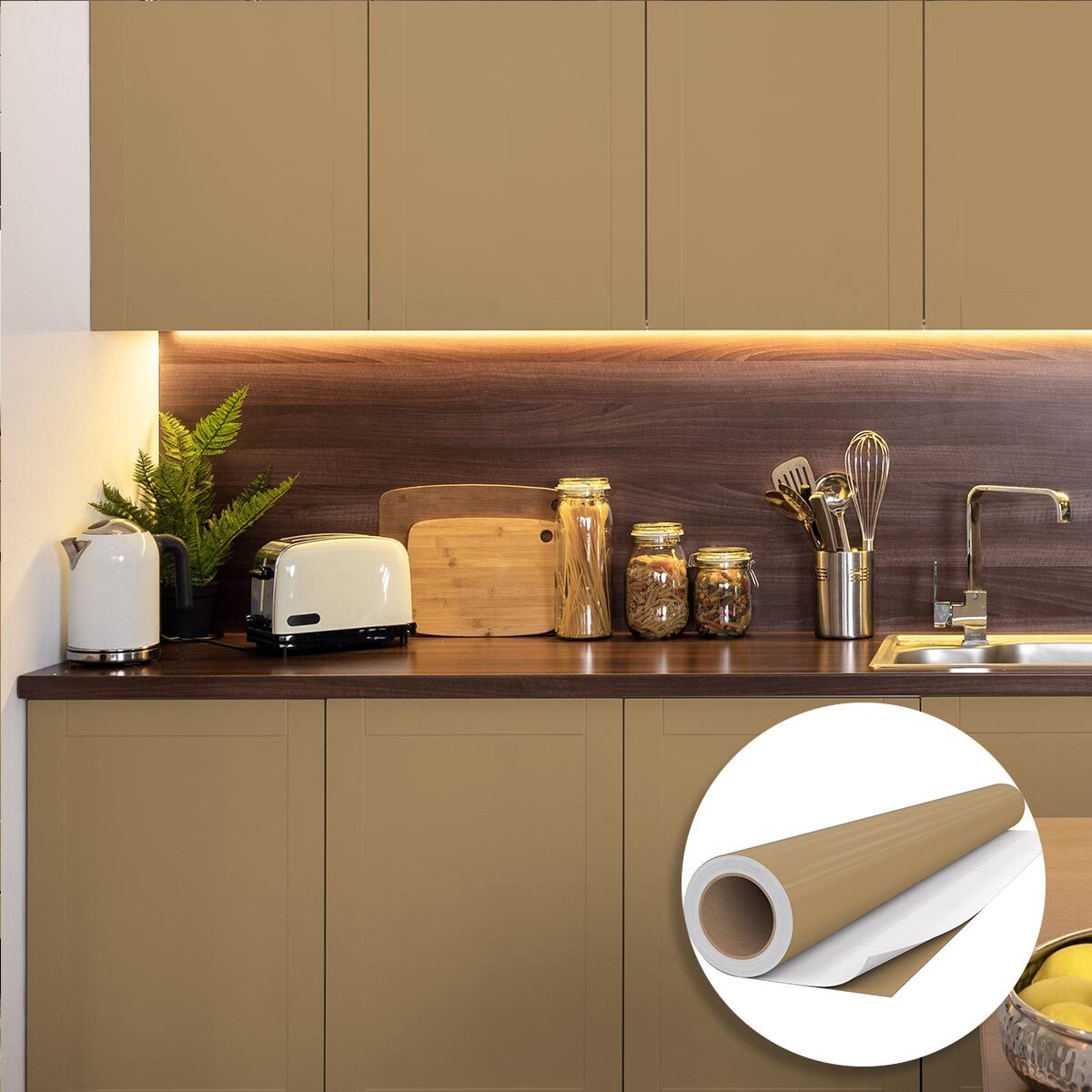 Rouleau adhésif décoratif Vinyle au Mètre - Marron clair - Sticker Lavable Imperméable Mur Cuisine Meubles