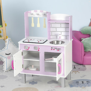 Cuisine bois jeu d'imitation - cuisine rose enfant - nombreux accessoires & rangements inclus - fonction sonore - MDF pin rose blanc