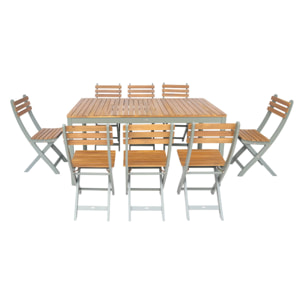 Table de jardin acacia avec coins arrondis + 8 assises kaki. 160 x 90 x 75 cm