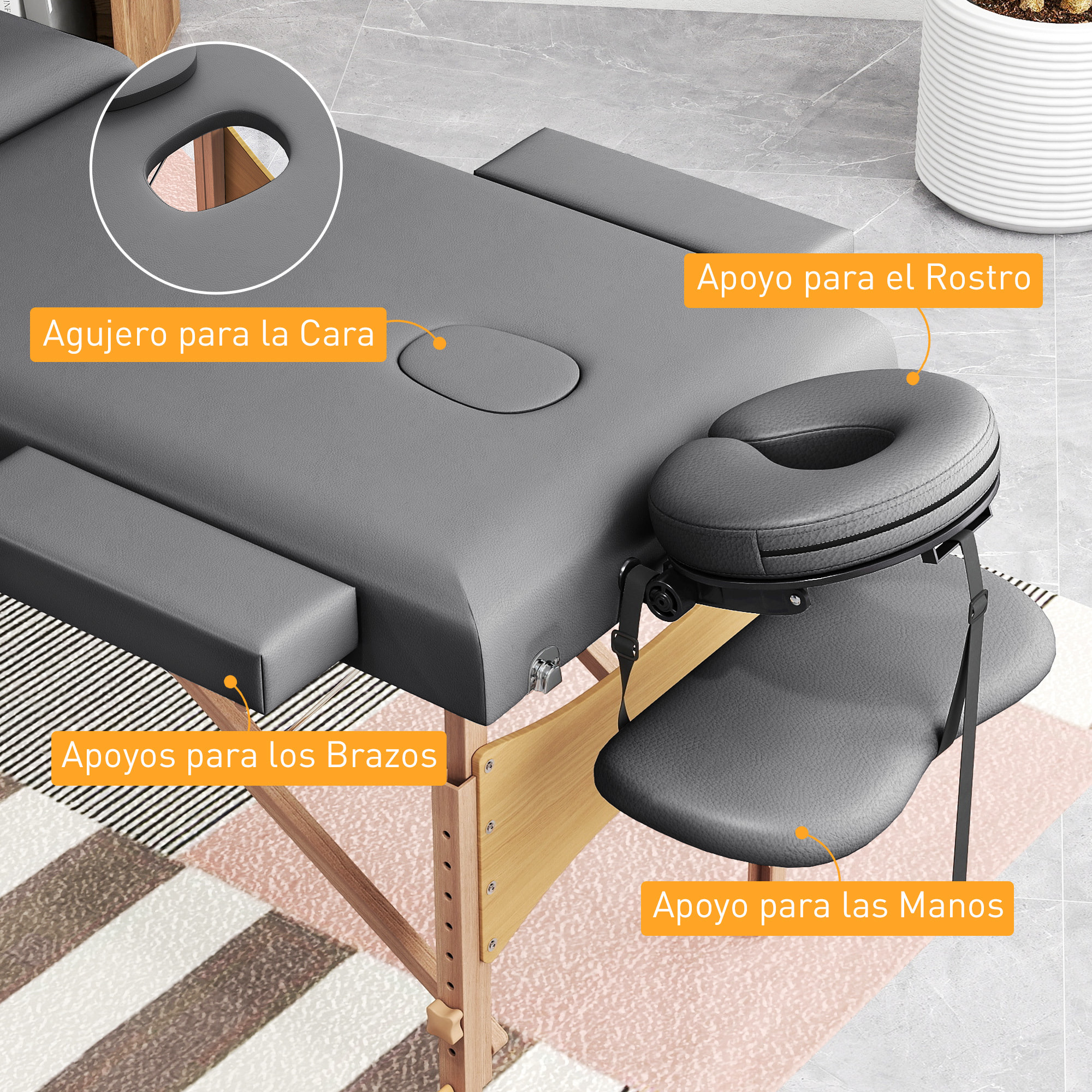 Camilla Masaje Plegable Portátil Camilla Estética Profesional de Madera de 3 Zonas con Altura, Respaldo, Soporte para Piernas, Reposacabezas Ajustables Brazos Acolchados 215x60x64-89 cm Gris