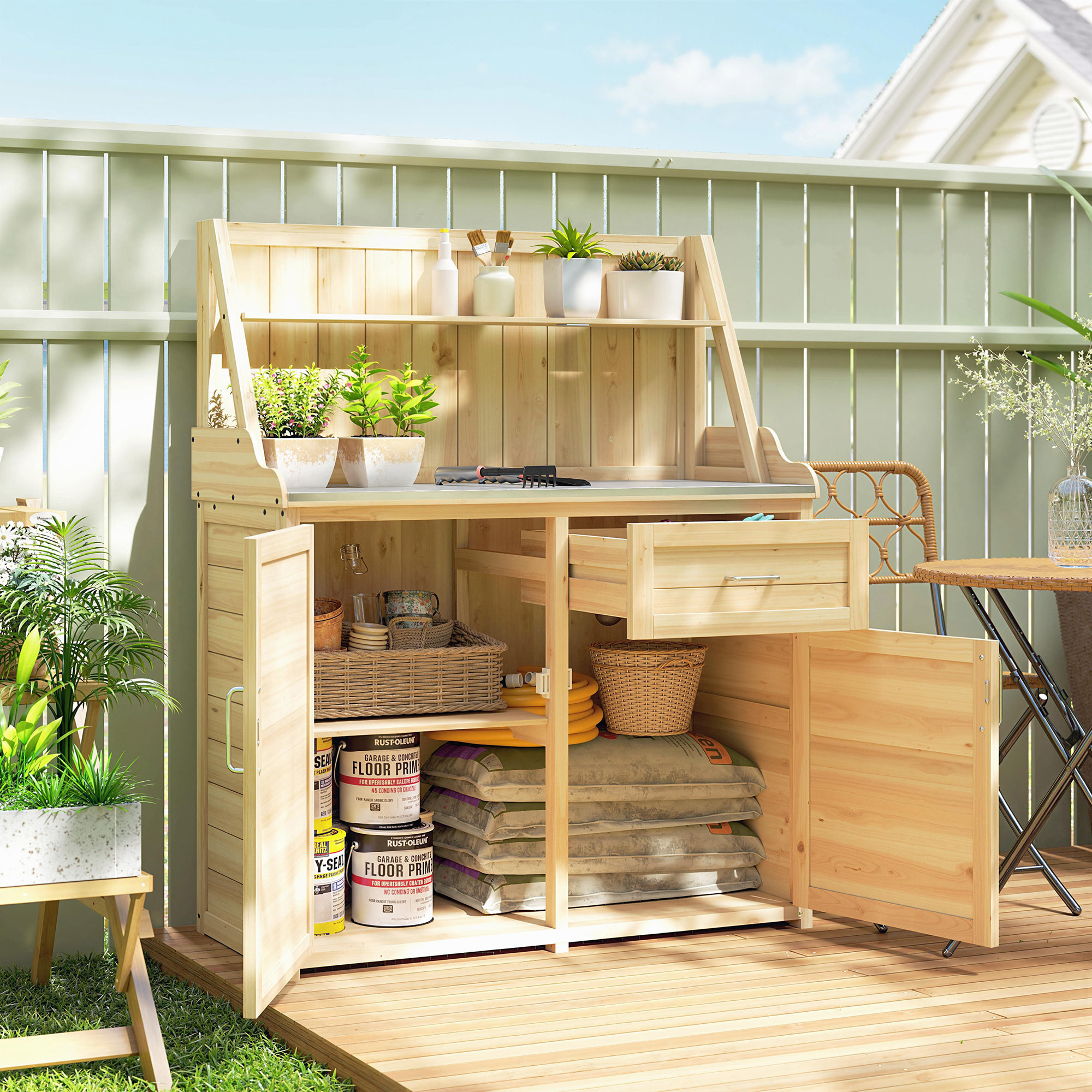 Armoire de jardin table de rempotage 2 en 1 - 2 portes, étagères, plateau acier