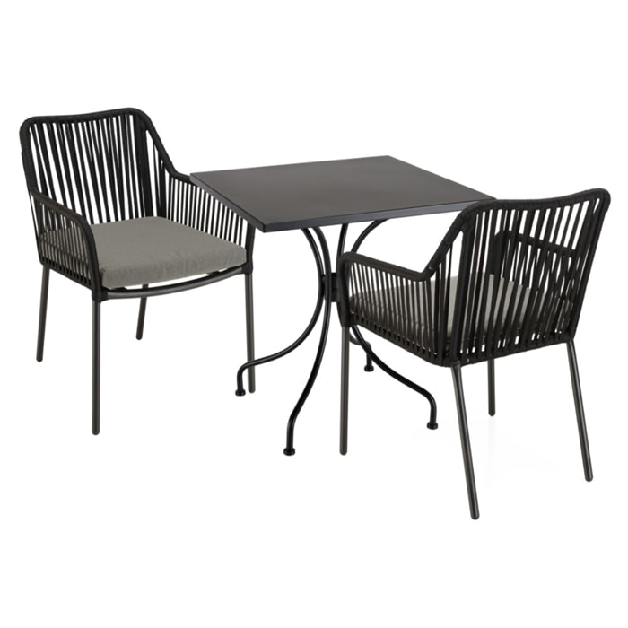 MALO - Ensemble de jardin -table 70x70cm et 2 fauteuils gris et noirs