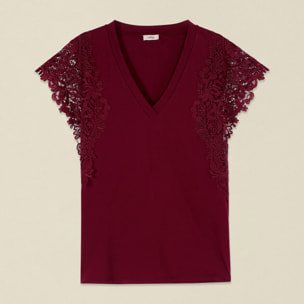 Oltre - T-shirt scollo a V con pizzo - Bordeaux