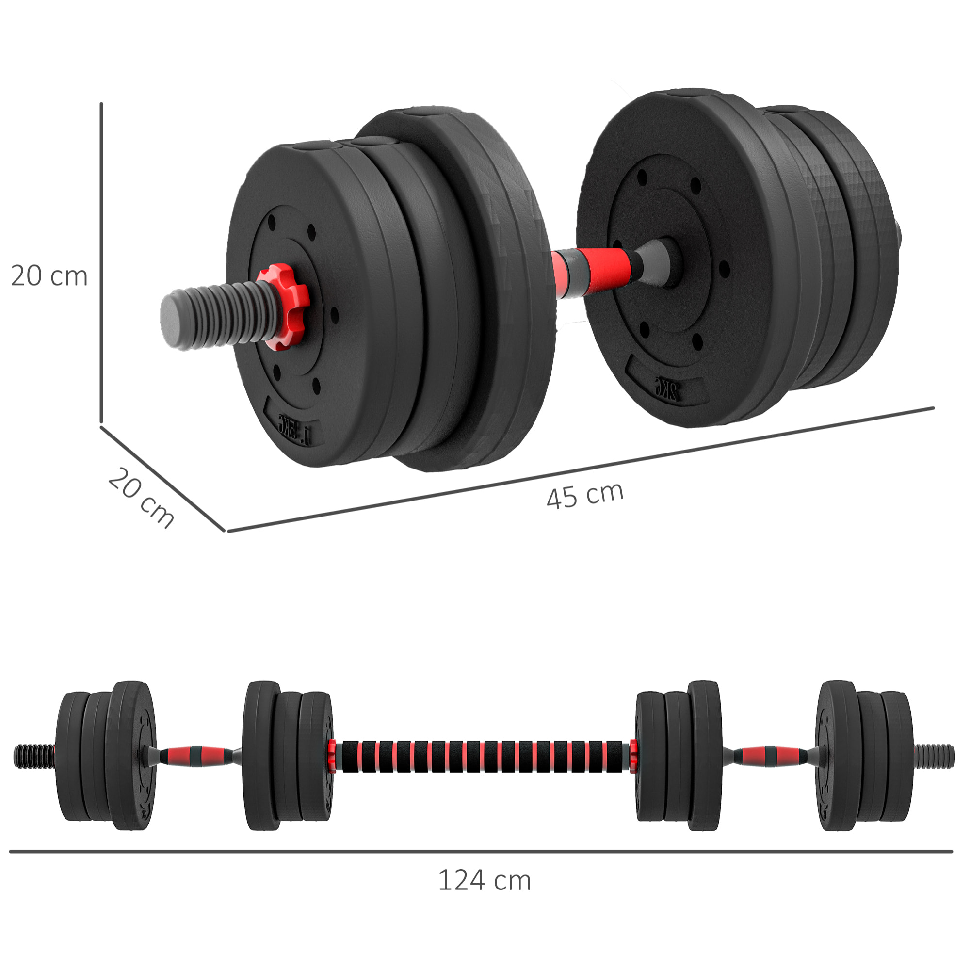 Ensemble d'haltères courtes total 20 Kg - barres incluses - entraînement musculaire & haltérophilie - acier HDPE noir rouge
