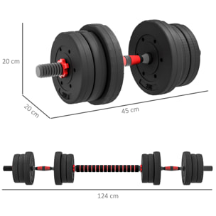 Ensemble d'haltères courtes total 20 Kg - barres incluses - entraînement musculaire & haltérophilie - acier HDPE noir rouge