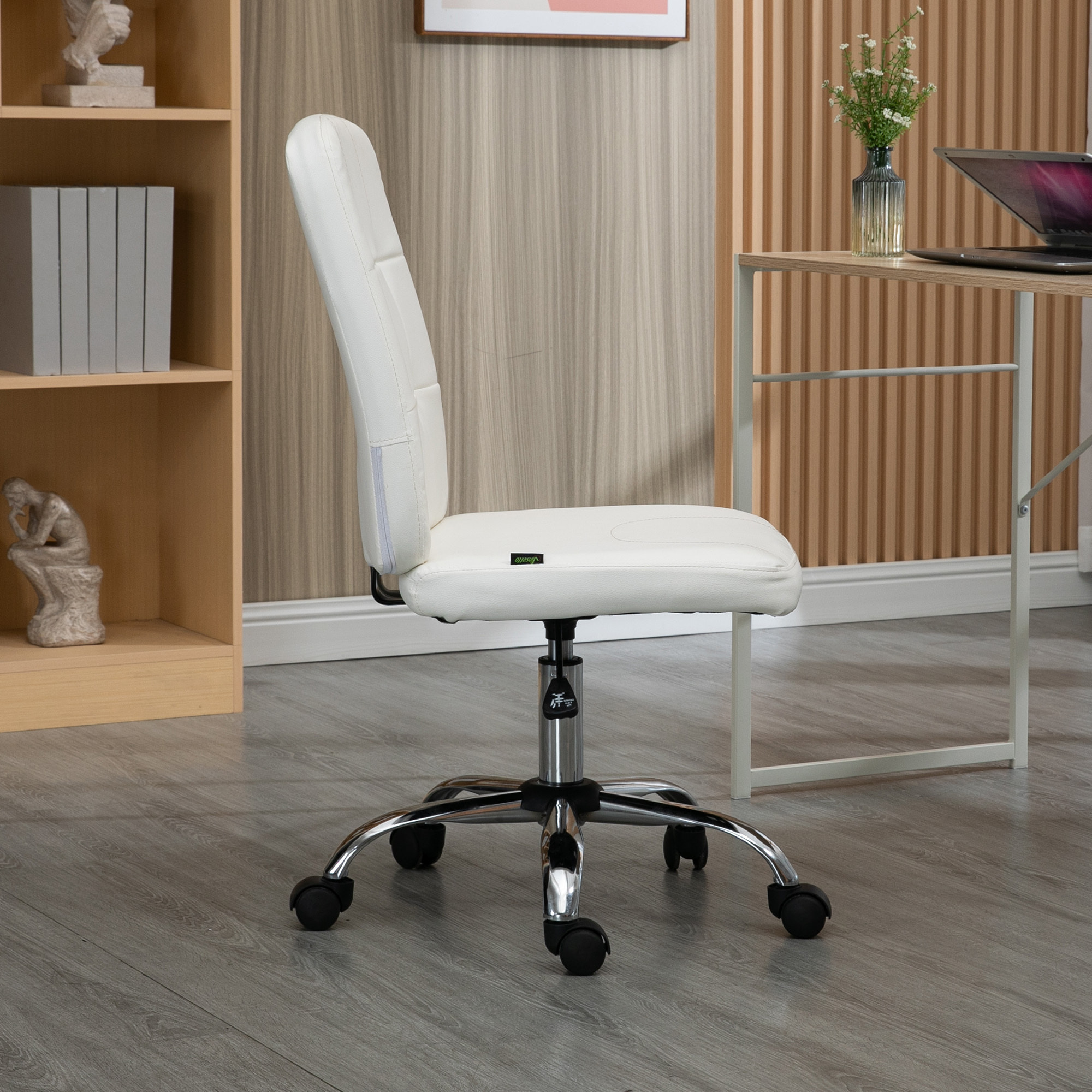 Silla de Oficina sin Brazos Silla de Escritorio Giratorio de Piel Sintética con Altura Ajustable Estilo Moderno Carga 120 kg 45x59x90-100 cm Blanco