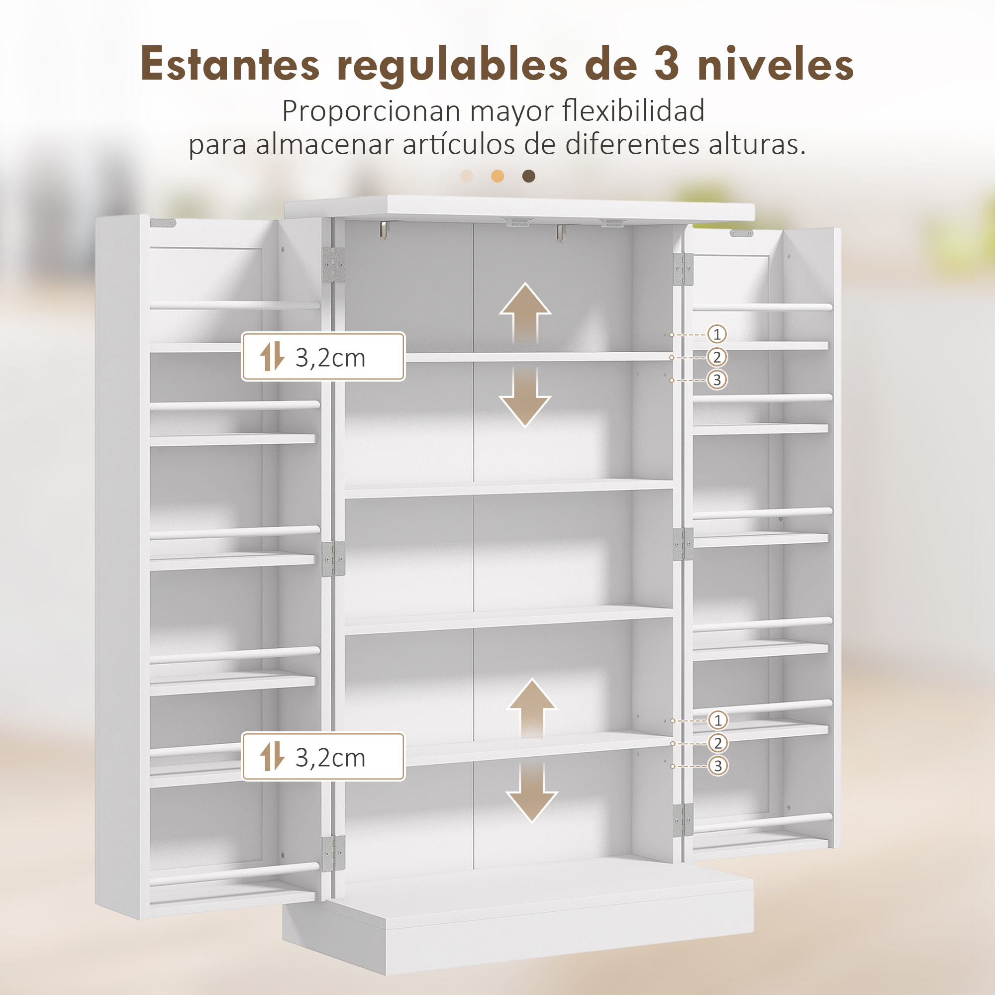 Armario de Cocina, Armario Despensa Cocina, con 2 Puertas, 16 Estantes, Alacena Moderna, con Estantes Ajustables, para Comedor, Salón, 60x30x104 cm, Blanco