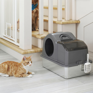 Arenero para Gatos Cubierto Extragrande Caja de Arena Cerrado con Bandeja de Acero Inoxidable Tapa Extraíble Bordes Altos Tapetes Pala sin Olor Fácil de Limpiar para Gatos Grandes Gris Oscuro