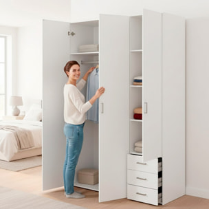 Armadio Con 3 Ante E 3 Cassetti Multiuso Per Abiti Indumenti Design Moderno Capiente Vano Appendiabiti Ripiani Interni 115.8 x 49.5 x 200.4 Cm Bianco