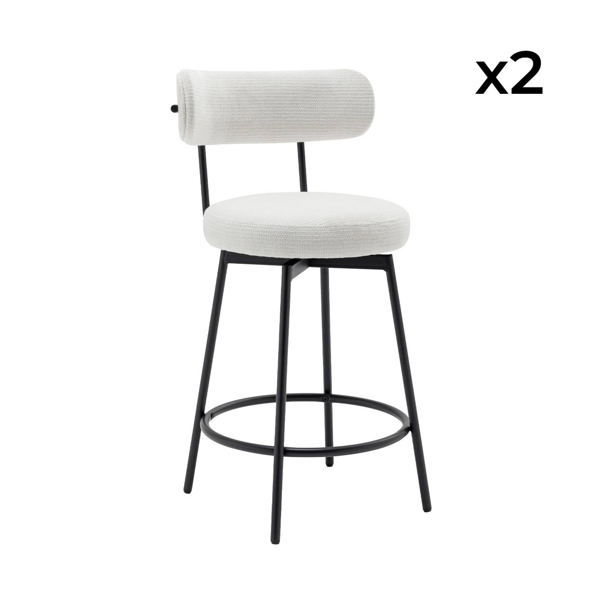 Lot de deux tabourets de bar assise rotative métal noir et tissu blanc - L 50 x P 50 x H 92cm - Iris